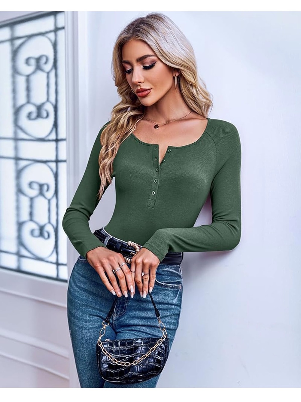 Women’s Army Green Ribbed Henley Long Sleeve Top